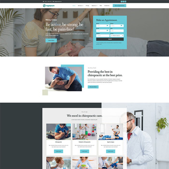 Chiropractic clinic website homepage featuring a professional chiropractor treating a patient, with sections highlighting services, appointment scheduling, and a commitment to affordable care.