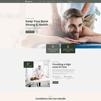 Homepage of a healthcare website focused on bone health, featuring a smiling man receiving a therapeutic massage, with sections highlighting satisfaction guarantees, professional therapy services, and conditions treated.