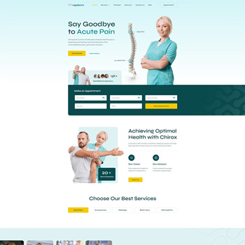 Homepage of a health and wellness clinic featuring a professional staff member, a patient consultation section, and services aimed at pain relief and optimal health. The layout includes options for making appointments and highlights the clinic's offerings.