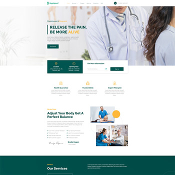 Homepage of a health and wellness clinic featuring a welcoming message, service highlights, and images of healthcare professionals assisting patients. The layout emphasizes patient care, expert therapy options, and a focus on pain relief and overall well-being.