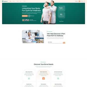Image of a healthcare professional assisting a patient in a wellness clinic, emphasizing services for pain relief and optimal body wellness. The website layout features sections on bone adjustments and wellness exercises, highlighting a patient-centered approach.