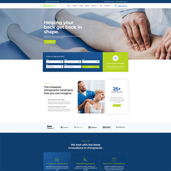 Chiropractic clinic website homepage featuring a professional therapist treating a patient's back, with options to make an appointment and information about affordable chiropractic services.