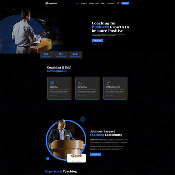 Website homepage for a coaching and self-development platform, featuring a speaker at a podium, highlighting services like coaching, consulting, and self-development, with a focus on business growth and positivity.