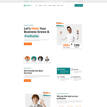 Homepage of a business consulting website featuring a professional looking man smiling and gesturing positively. The layout includes sections highlighting services, customer statistics, and a commitment to quality. Key offerings include planning, strategy, and organizational support.
