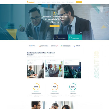 Homepage of a consulting firm showcasing professional consultants collaborating, with sections highlighting their services, client success rates, and an invitation to learn more about their offerings.