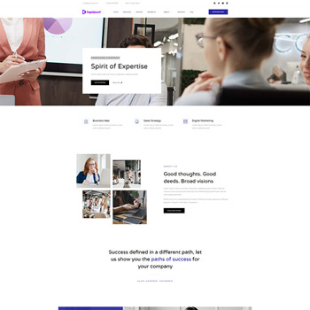 Screenshot of a professional business website featuring a section titled "Spirit of Expertise," with images of diverse professionals engaged in discussions and planning, alongside text promoting strategic business insights and digital marketing services.