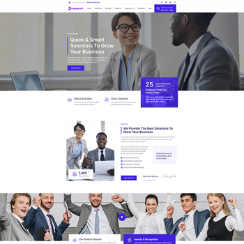 A professional website layout showcasing a business consultancy service, featuring smiling team members, statistics on successful solutions, and sections highlighting their mission, awards, and client services.