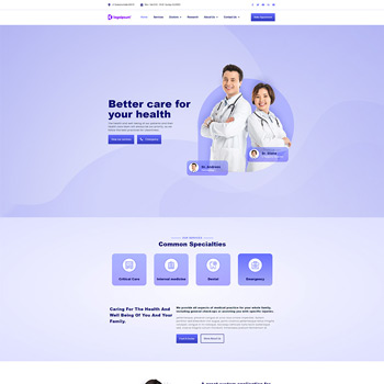 A healthcare website homepage featuring two smiling doctors in white coats, promoting better health care services. The design includes sections for common specialties such as online care, internal medicine, and emergency services, emphasizing a commitment to family health and well-being.