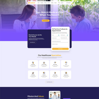 Website homepage for a healthcare service featuring a doctor and patient consultation, with options to book appointments and explore medical specialties. The design emphasizes top-notch medical care and user-friendly navigation.