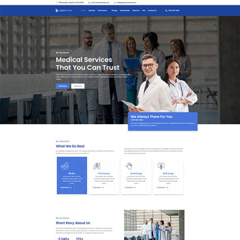 Homepage of a medical services website featuring healthcare professionals in a modern clinic setting, showcasing trust and reliability in medical care. The layout includes sections for services offered, testimonials, and an introduction to the practice.