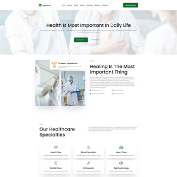Healthcare website homepage featuring a banner on the importance of health, with sections highlighting various medical specialties such as heart care, blood donation, dental care, orthopedics, and ophthalmology, emphasizing 30 years of experience in healing.