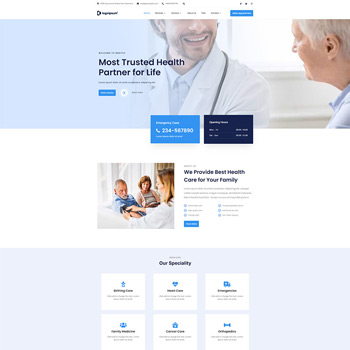 Health care website homepage featuring a smiling doctor consulting with an elderly patient, highlighting services like urgent care and family health. Includes contact information and a user-friendly layout for easy navigation.