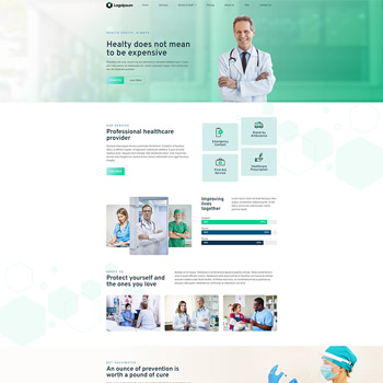 Homepage of a healthcare service provider featuring a smiling doctor, with sections highlighting professional healthcare services, patient protection, and preventive care. The design emphasizes affordability and accessibility in healthcare.