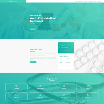 Medical clinic website homepage featuring a clean design, showcasing departments like cardiology and ophthalmology, with an emphasis on world-class medical treatments and emergency contact information.