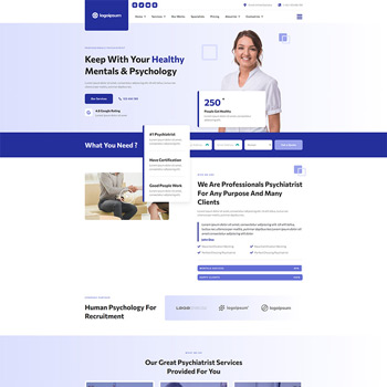 Homepage of a mental health and psychiatry website featuring a smiling professional, service offerings, and navigation options for clients seeking psychological support and recruitment services.