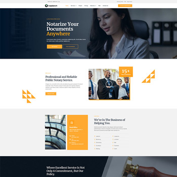 Homepage of a public notary service featuring a professional woman reviewing documents, highlighting the ease of notarization anywhere. The design emphasizes reliability and excellent service, with testimonials and a focus on customer support.