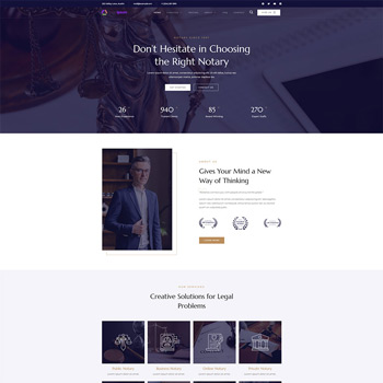 Homepage of a notary services website featuring a professional notary in a suit, highlighting key features such as client statistics and service offerings for legal problems.