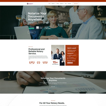 Website homepage for a professional notary service, featuring a welcoming team, client interaction, and information about reliable document notarization services available anywhere.