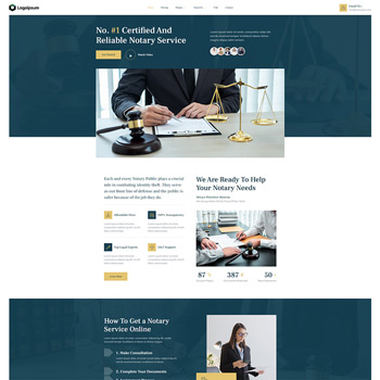 Homepage of a certified notary service featuring a professional notary public with a gavel, scales of justice, and a document signing setup. The layout includes sections on services offered, customer testimonials, and a guide on how to obtain notary services online.