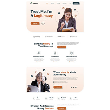 Website homepage for a notary service featuring professional women in business attire, emphasizing integrity, convenience, and efficient notary services. Key services include mobile notary options and a commitment to authenticity.
