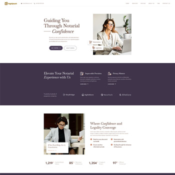 Homepage of a notary service website featuring a professional woman in an office setting, highlighting services, trust, and legal expertise. Key sections include notary experience, pricing, and client testimonials.