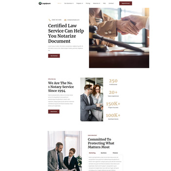 Homepage of a certified law service offering notary services, featuring a handshake, service statistics, and a commitment to client care.