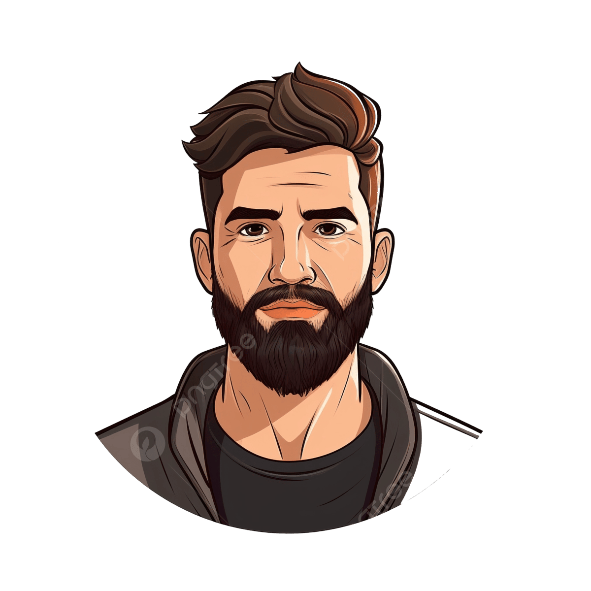 Illustration of a confident young man with a beard and stylish hairstyle, wearing a black jacket, suitable for use in digital media and branding.